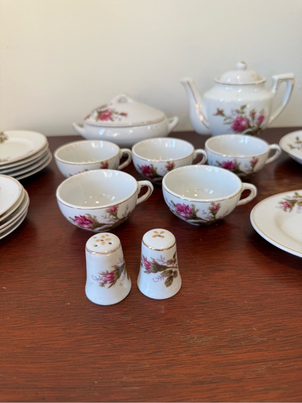 Vintage 21  tea set White Porcelain Tea Set with Pink Rose Motif and Gold Trim